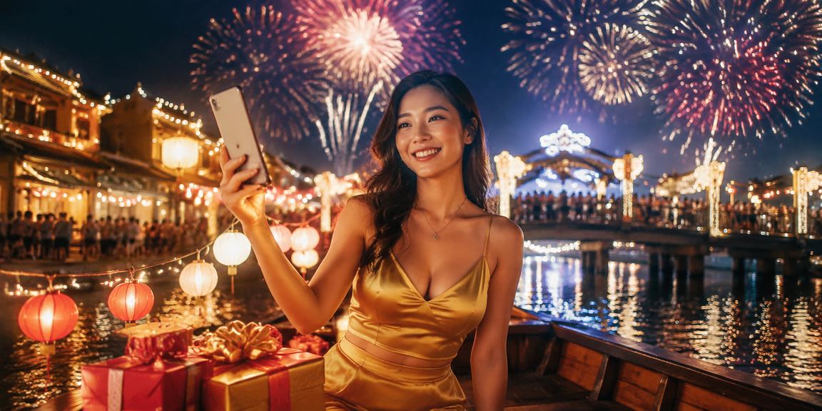 Người dùng đặt cược casino trực tuyến qua điện thoại tại chợ đêm Hội An